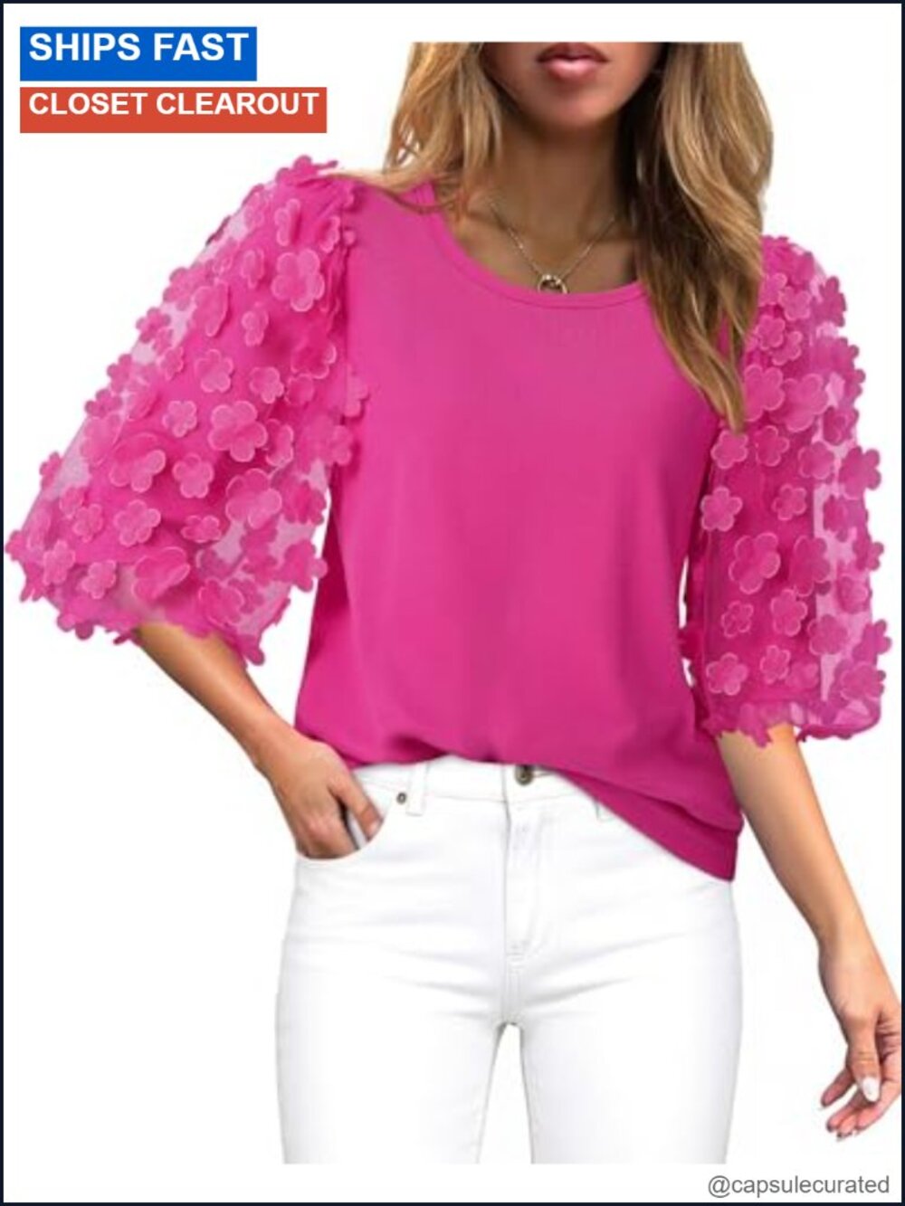 Women's Cotton Blend 3/4 Puff Sleeve Crew Neck Blouse Tee Shirt